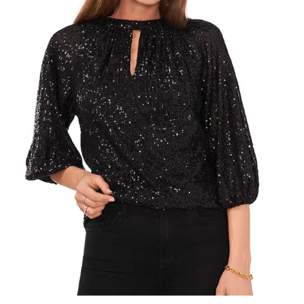 Vince Camuto Women's Rich Black Sparkle and Shine Raglan Sleeve Sequin Top XS